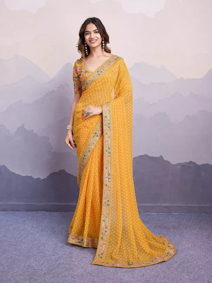 Georgette With Digital Print &Embroidery Work Sari With Blouse