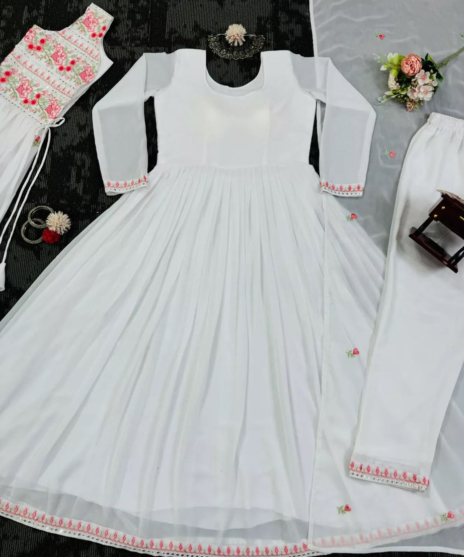 Faux Georgette Bollywood Full Stitched Kurti Shrug & Pant Dupatta