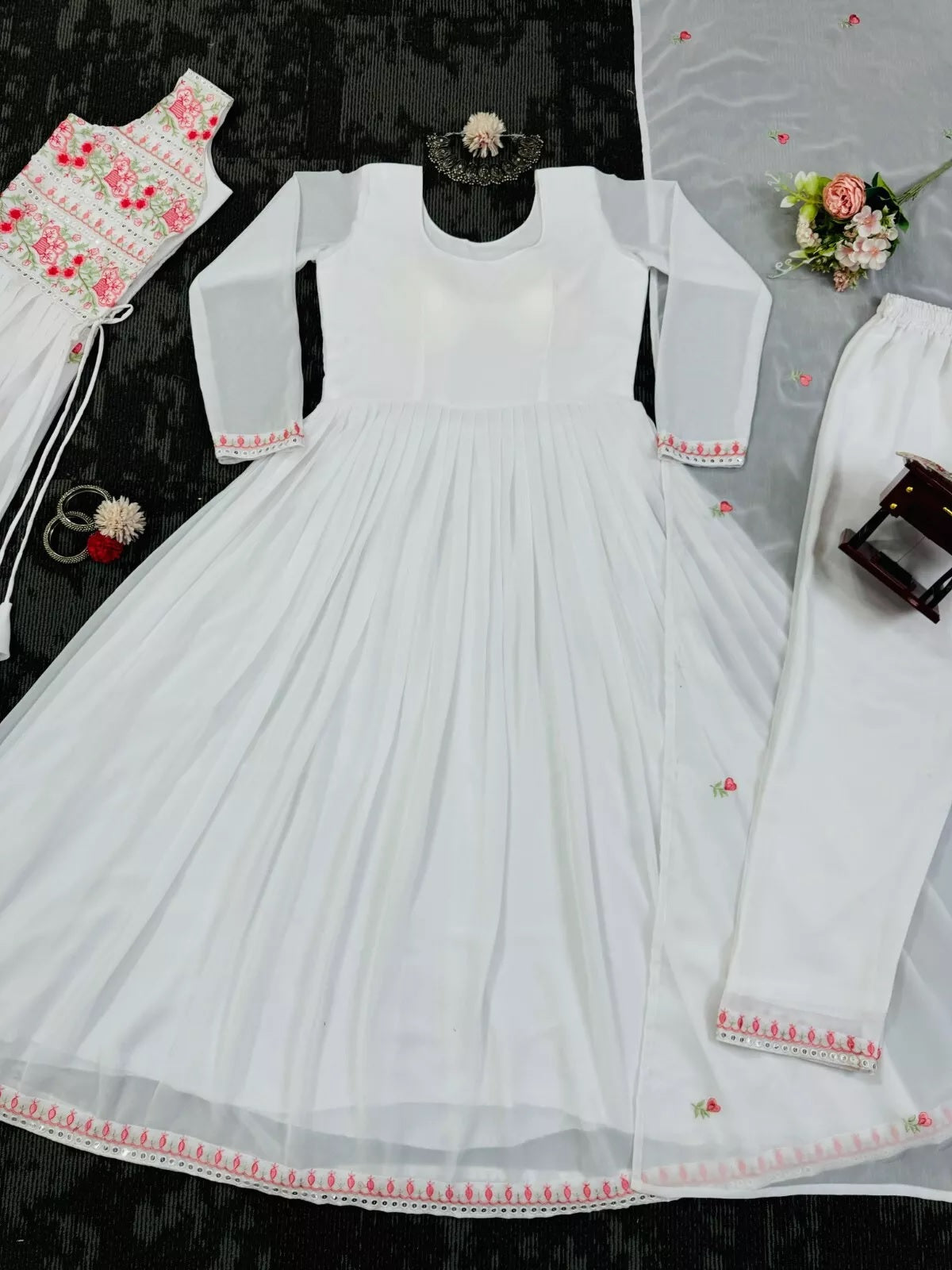 Faux Georgette Bollywood Full Stitched Kurti Shrug & Pant Dupatta