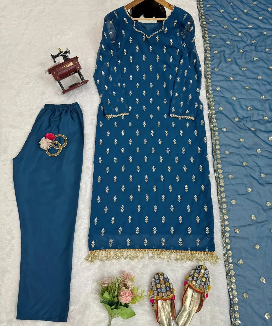 Traditional Fancy Wear Faux Georgette Top Pant With Dupatta