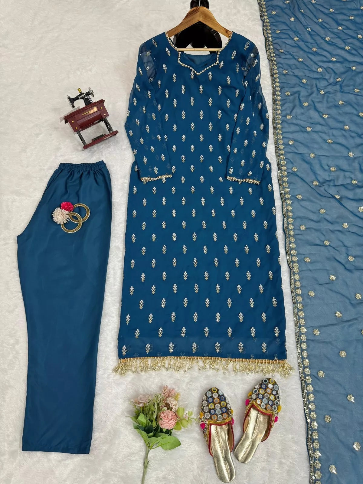 Traditional Fancy Wear Faux Georgette Top Pant With Dupatta