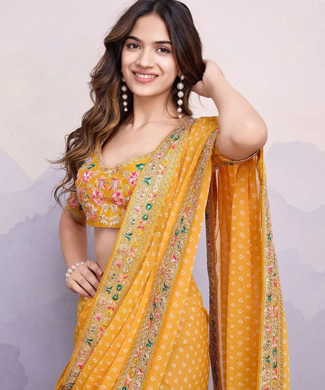 Georgette With Digital Print &Embroidery Work Sari With Blouse