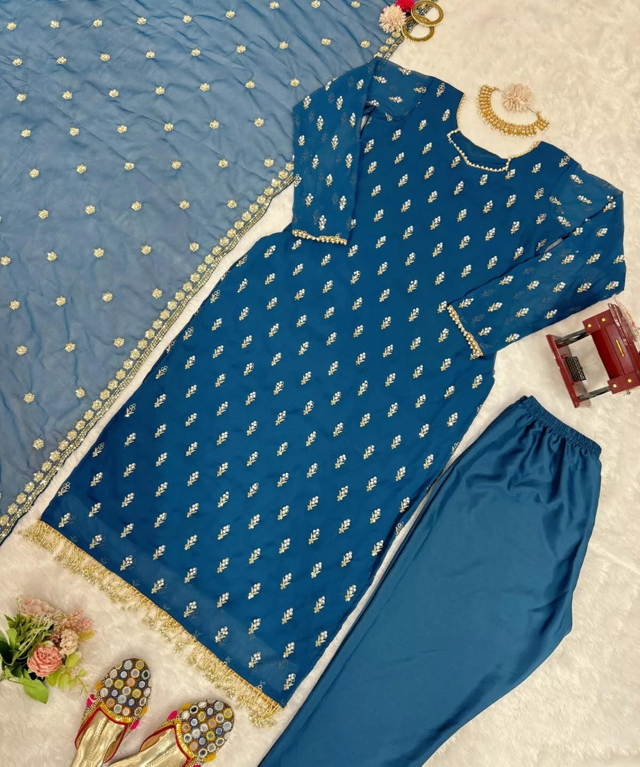 Traditional Fancy Wear Faux Georgette Top Pant With Dupatta