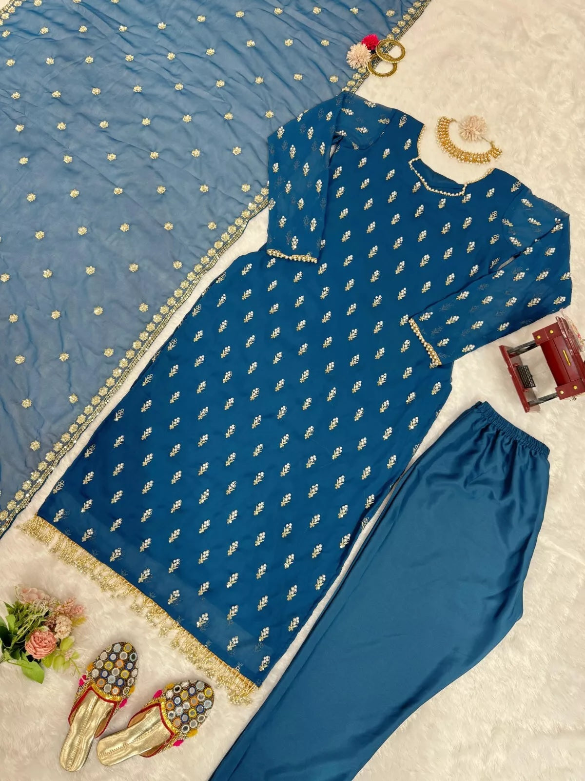 Traditional Fancy Wear Faux Georgette Top Pant With Dupatta