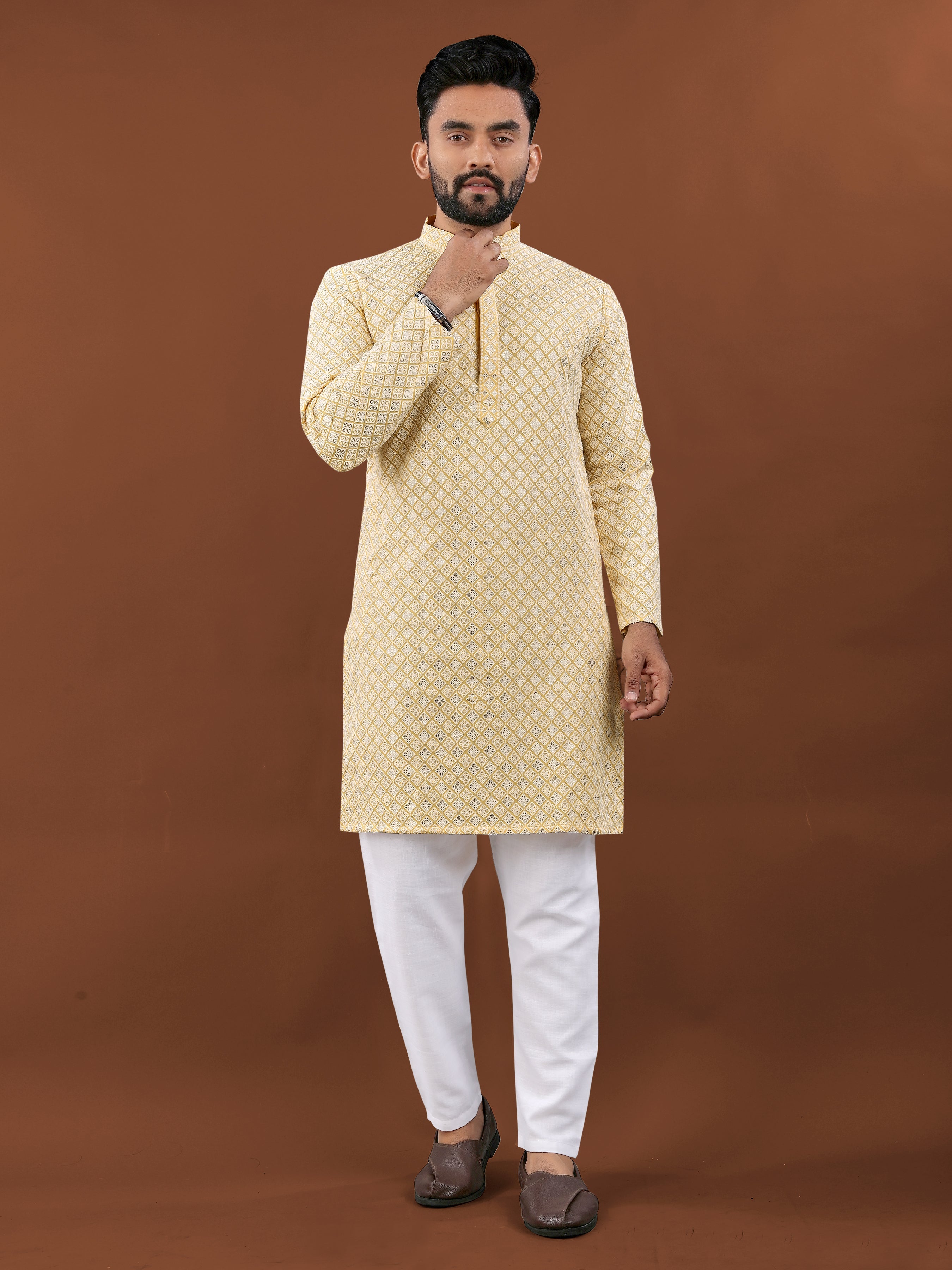 Heavy Rayon With Lucknowi Work Kurta Pajama Set For Men's