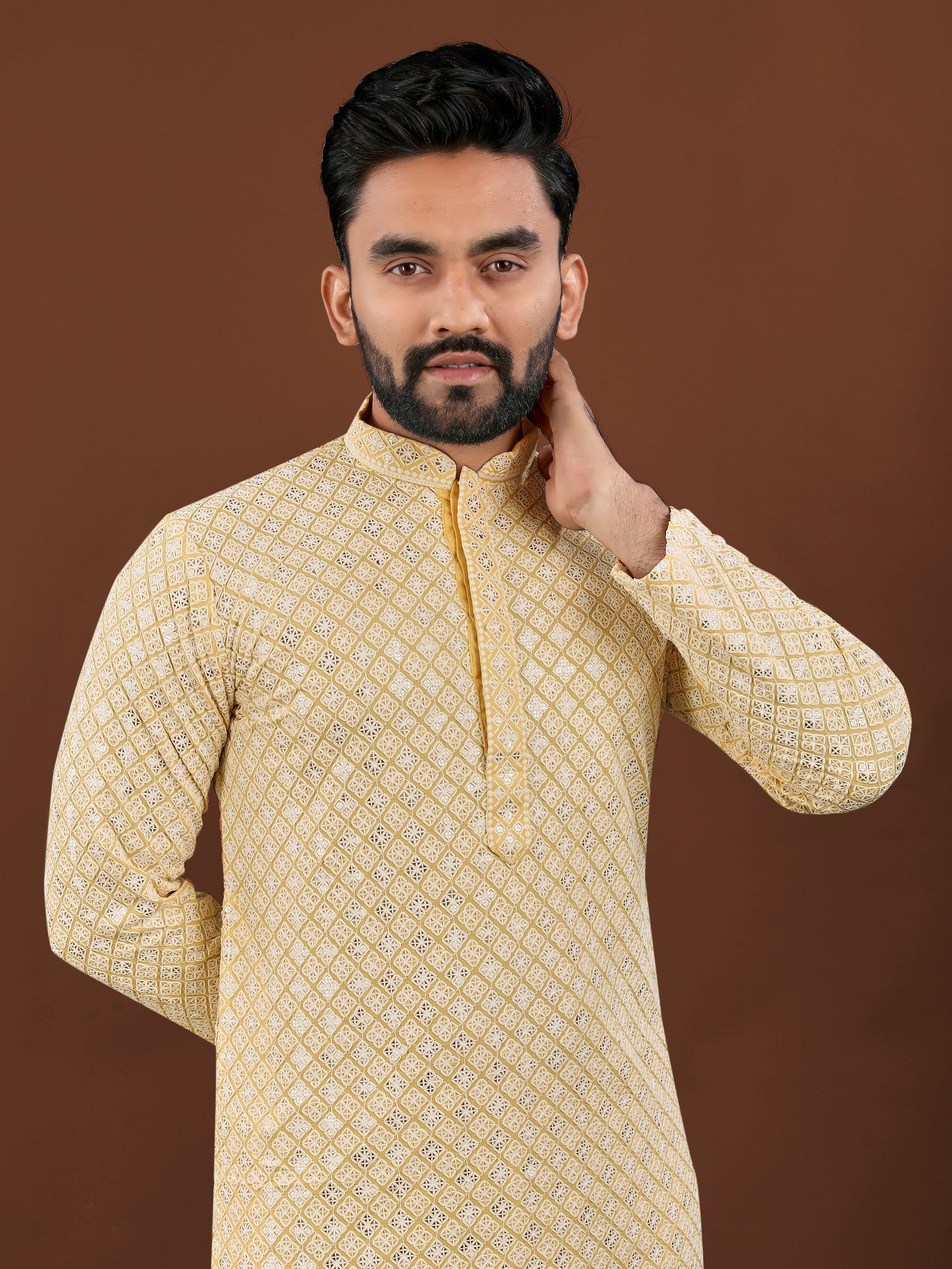 Heavy Rayon With Lucknowi Work Kurta Pajama Set For Men's