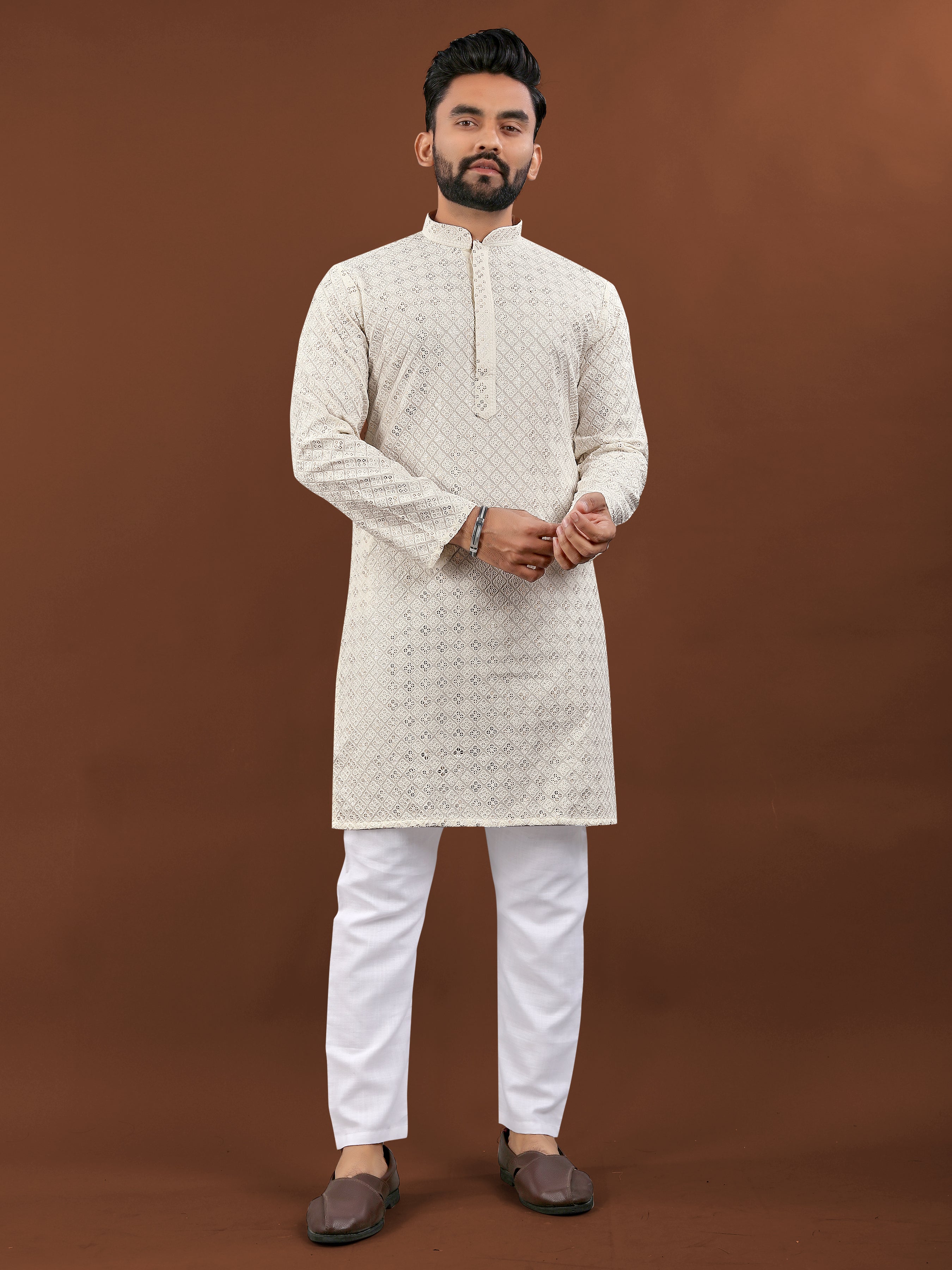 Heavy Rayon With Lucknowi Work Kurta Pajama Set For Men's
