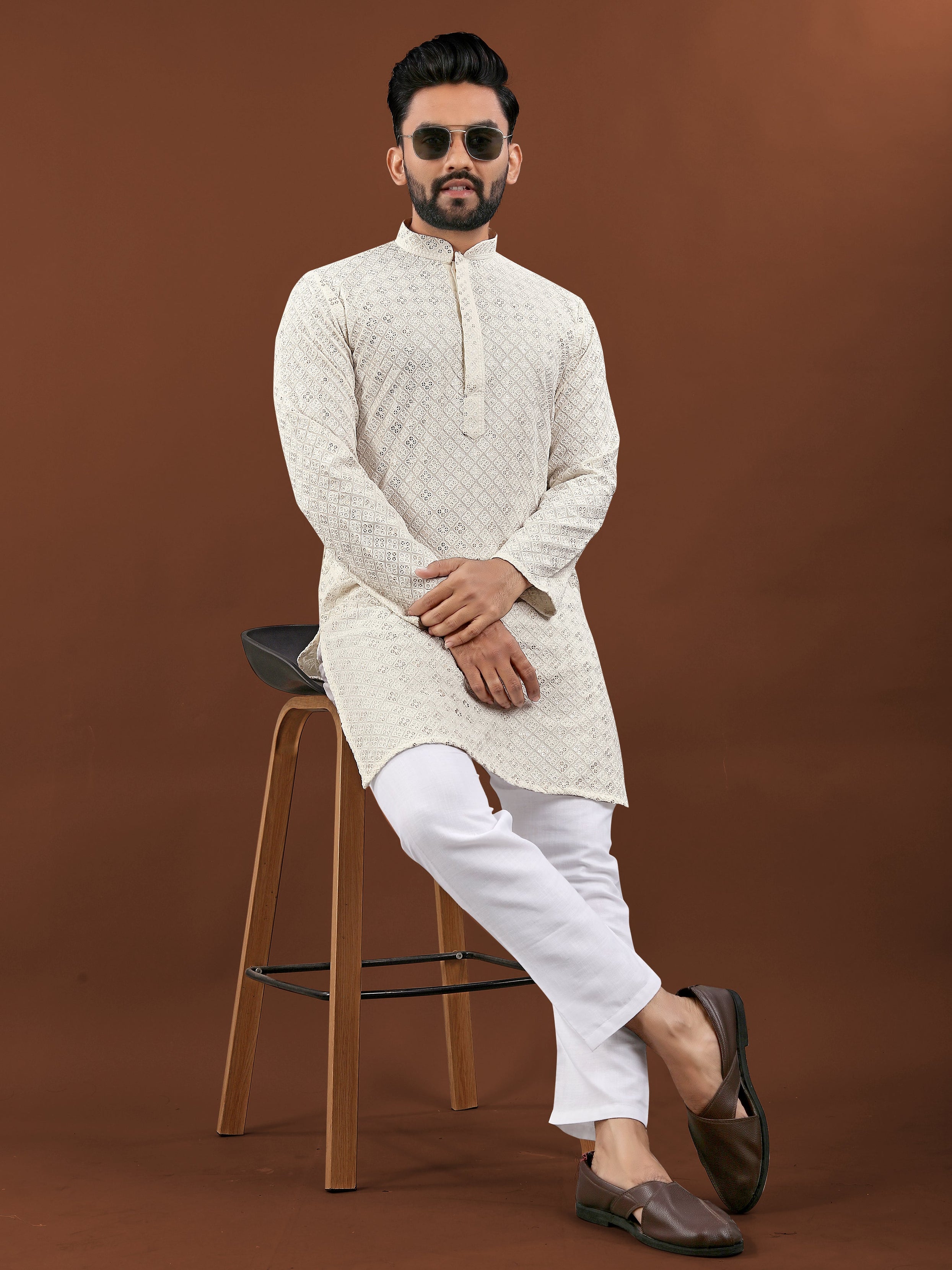 Heavy Rayon With Lucknowi Work Kurta Pajama Set For Men's