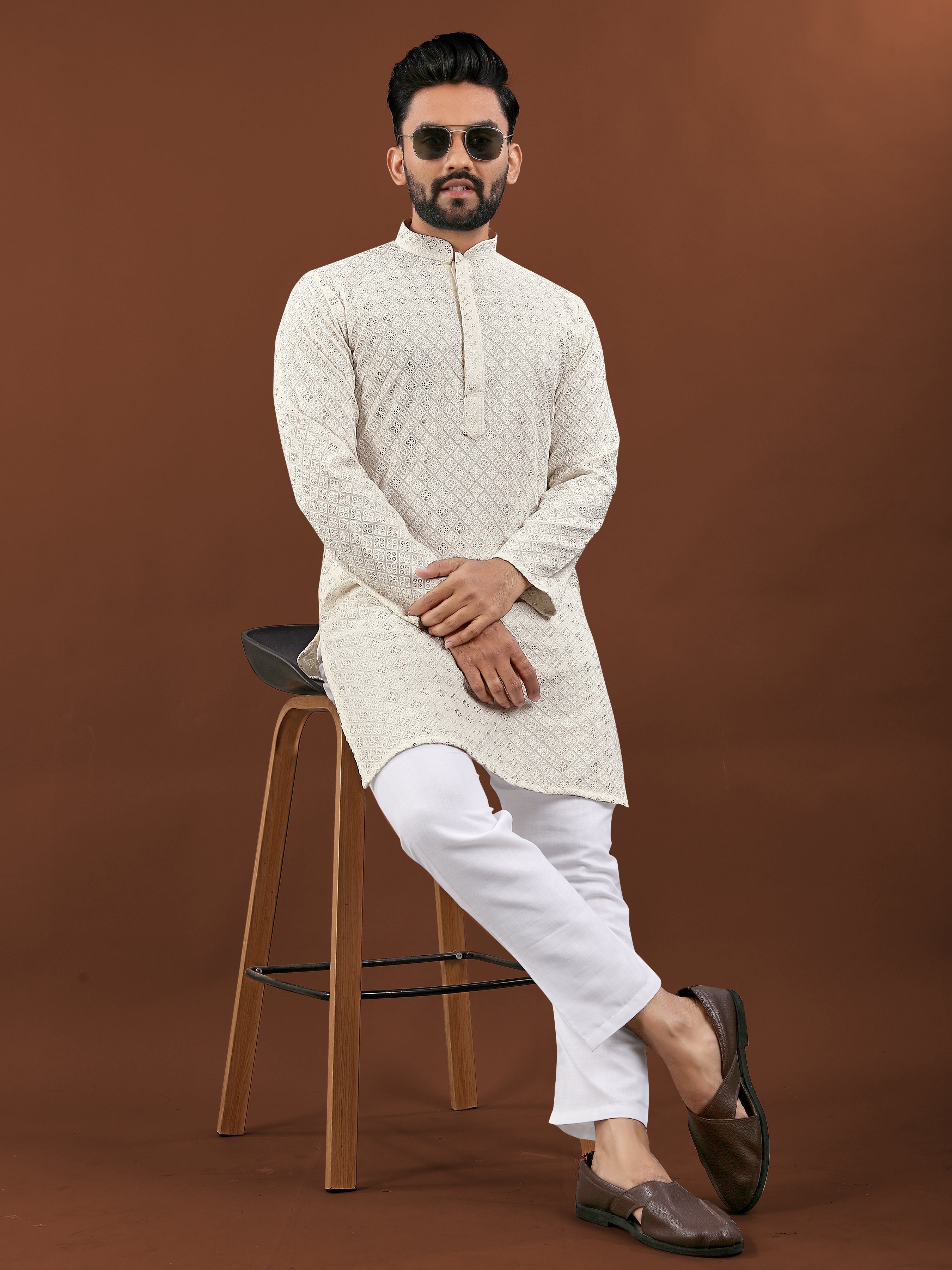 Heavy Rayon With Lucknowi Work Kurta Pajama Set For Men's