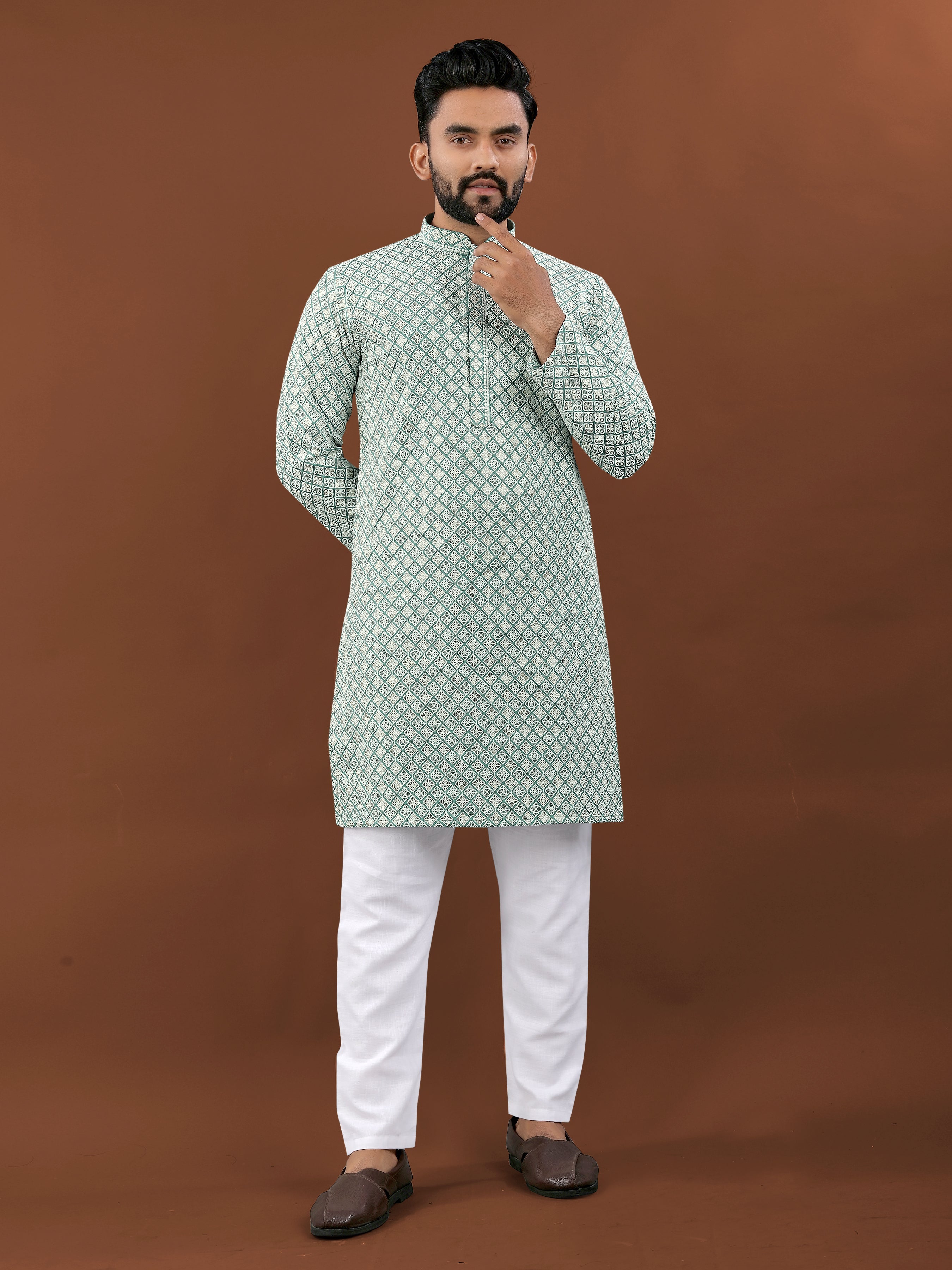 Heavy Rayon With Lucknowi Work Kurta Pajama Set For Men's