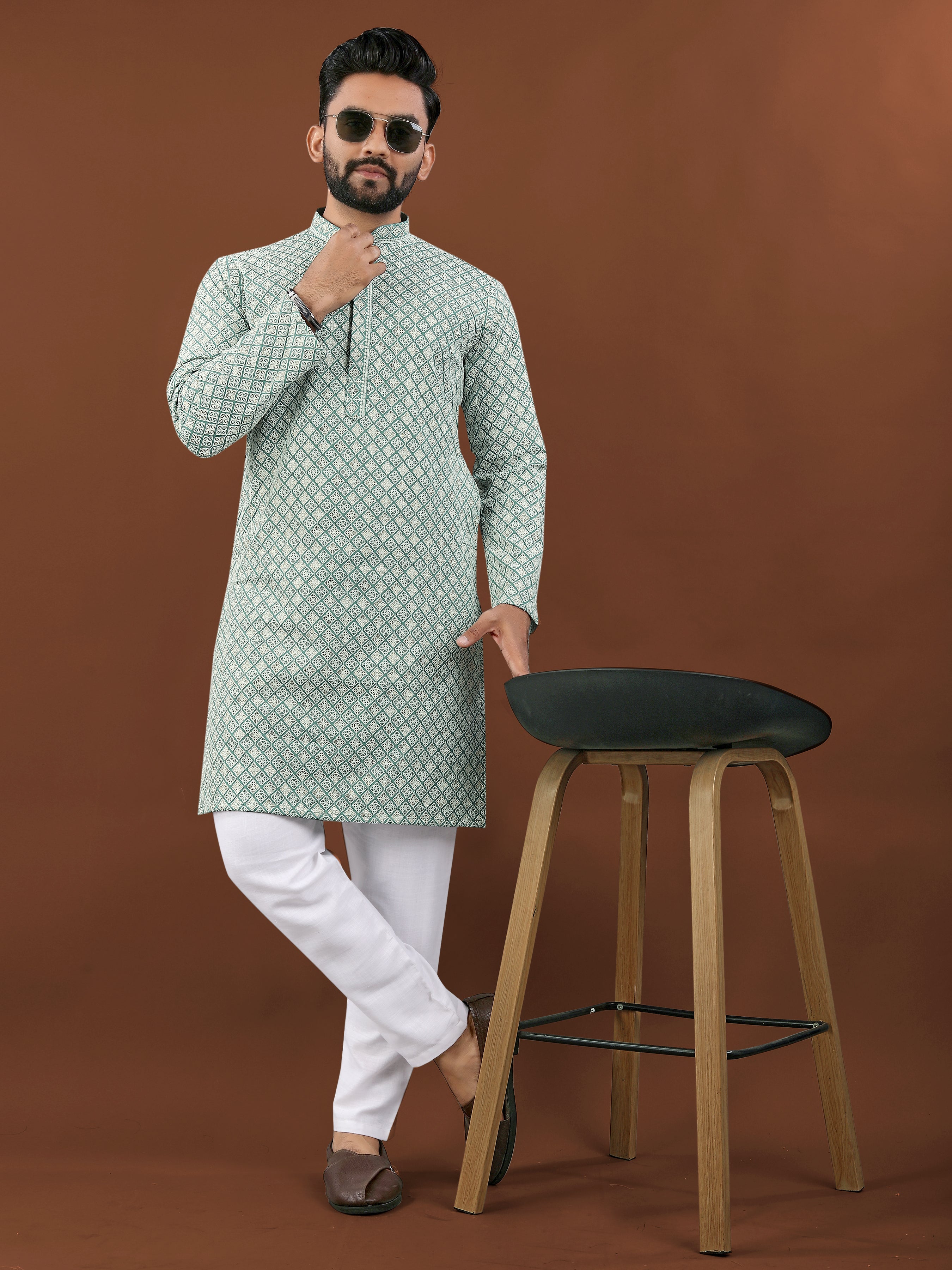 Heavy Rayon With Lucknowi Work Kurta Pajama Set For Men's