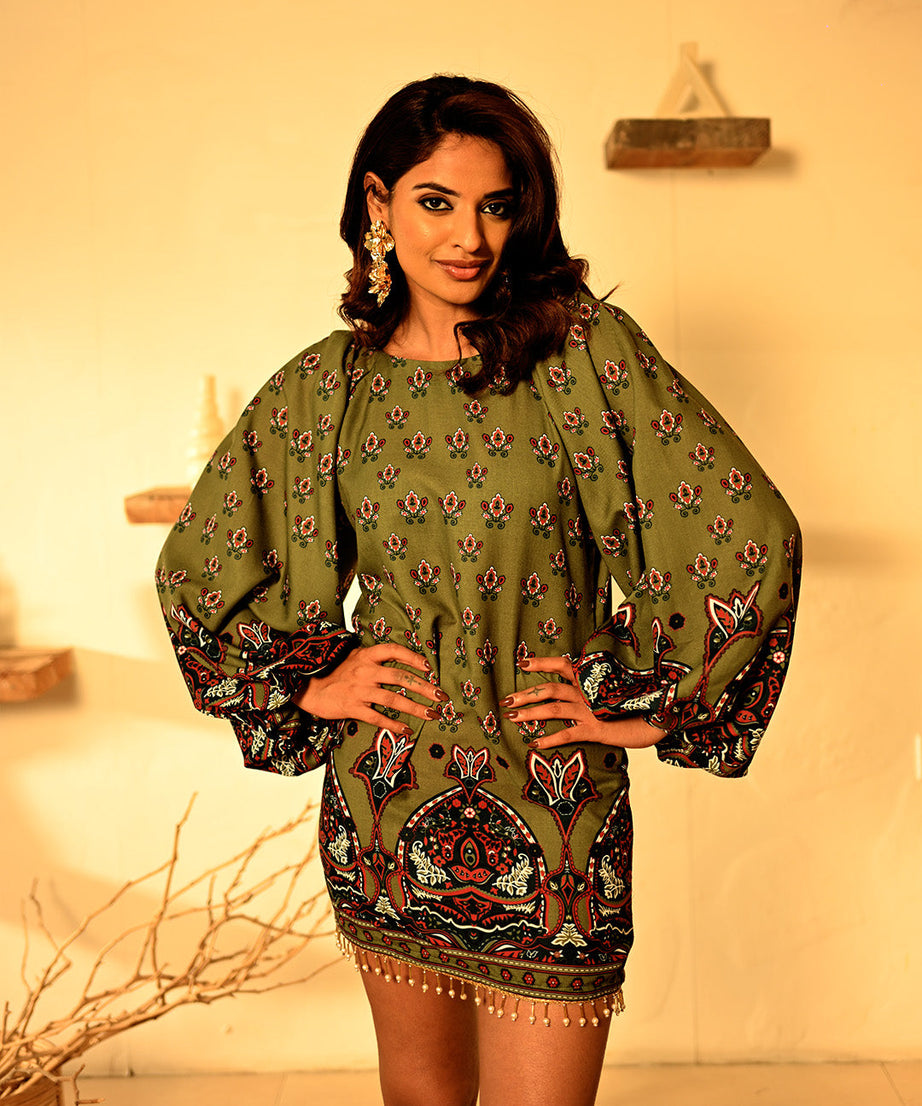 Olive Green Floral Tunic Dress Boho Chic Long Sleeve Mini Dress