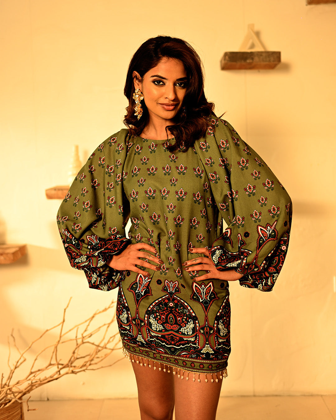 Olive Green Floral Tunic Dress Boho Chic Long Sleeve Mini Dress