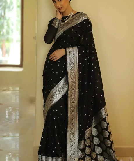 Black Designer Banarasi Soft Silk Saree & Blouse