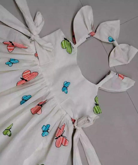 Off White Cotton Frock with Butterfly Embroidery Work