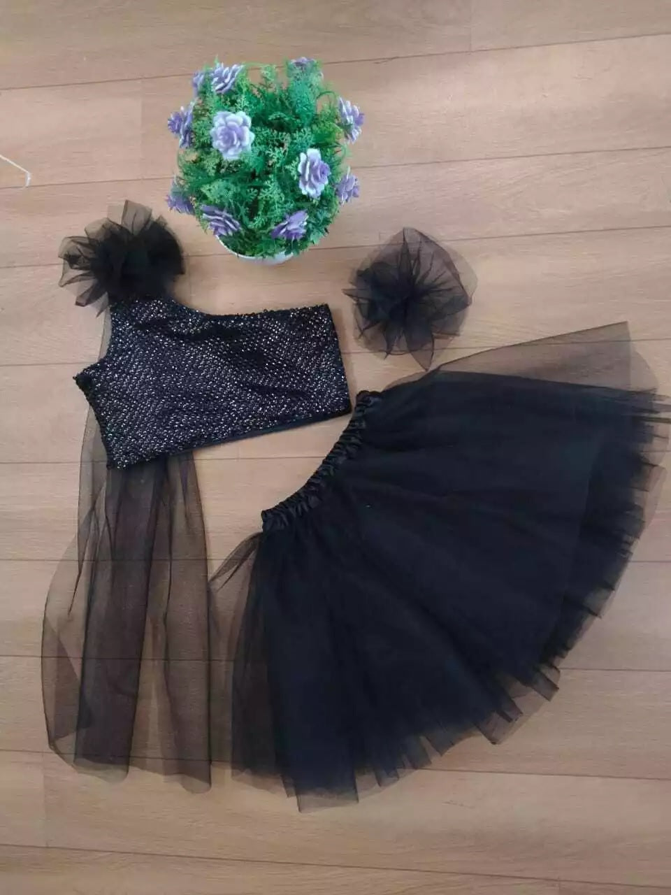 MOST PICKED NET FULL FLAIRED KID’S TOP WITH SKIRT BLACK