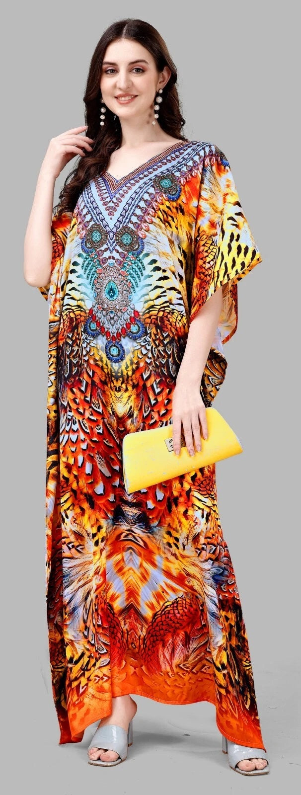 Free Size Beach Kaftan Dresses for Women Print V-Neck Long Swimsuit Cover Ups