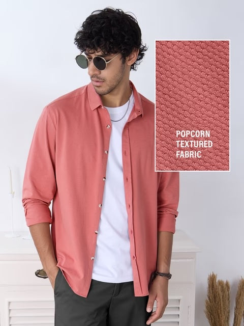 Textured Coral Sand Men Textured Shirts