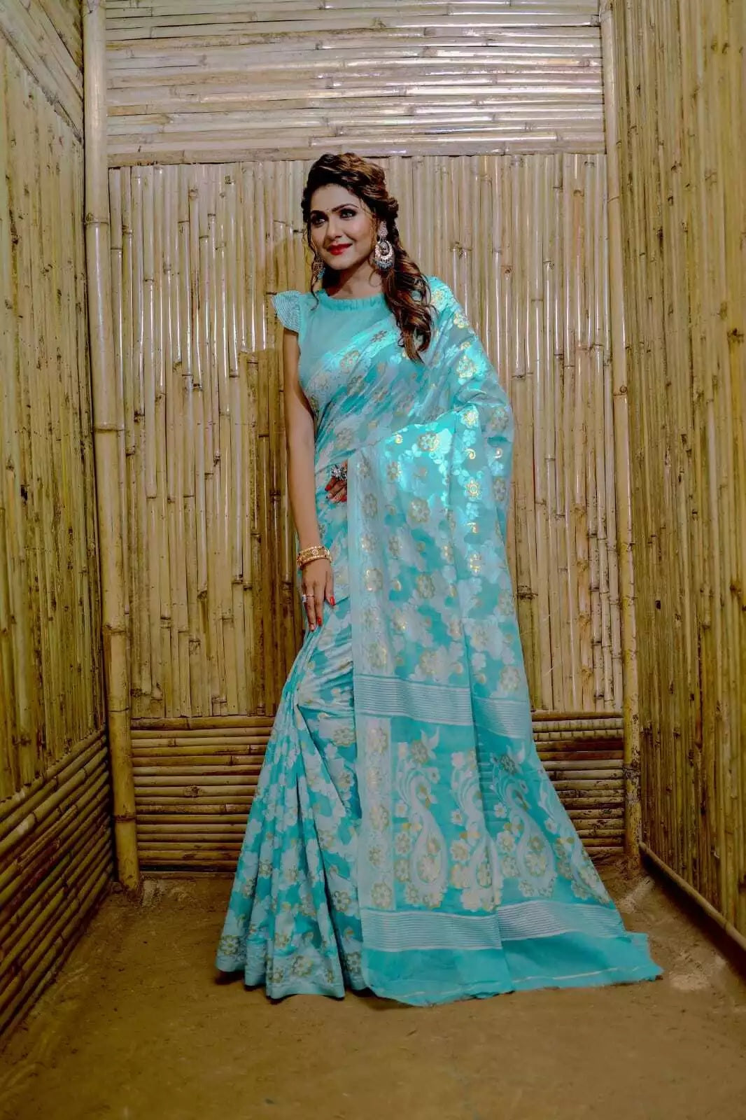 Soft Cotton Jamdani With Gold Zari Weaving Work  Sari & Blouse