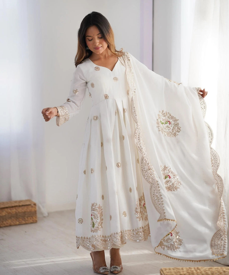 Traditional Designer Chinon Full Stitched Long Anarkali Gown With Dupatta