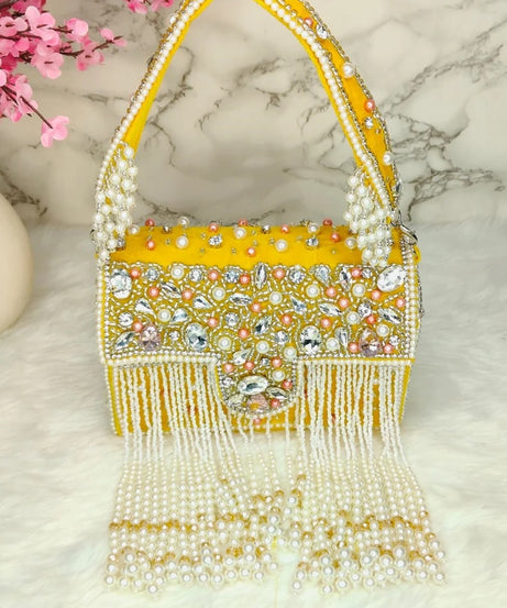 Designer Crystal and Pearl Work Flap Clutch