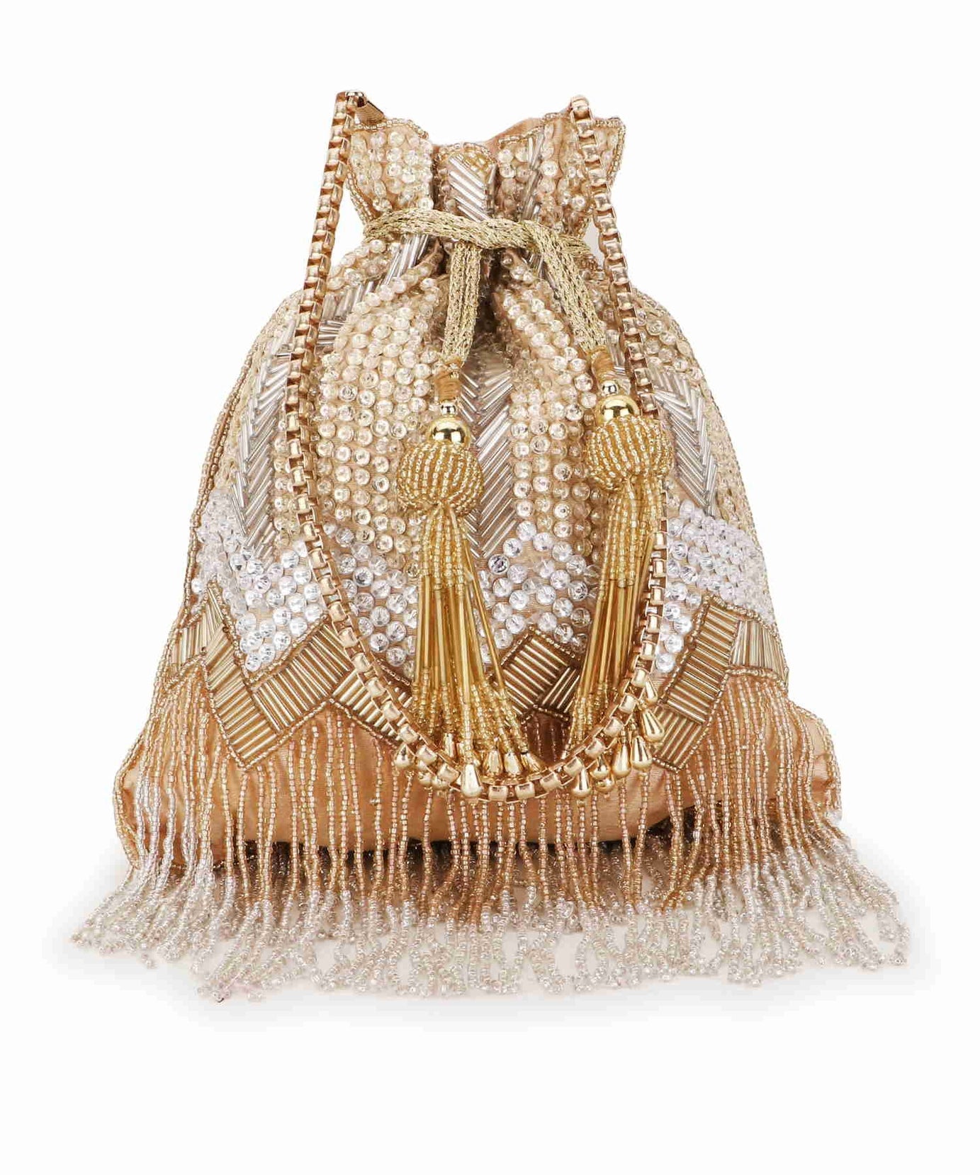 Dangle Chevron Embellished Faux Silk Potli Bag