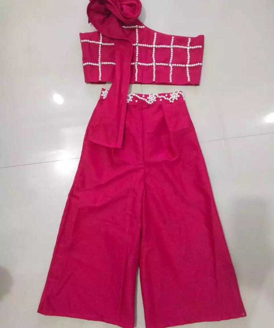 Elegant Bright Pink Cotton Palazzo and One-Shoulder Top Set