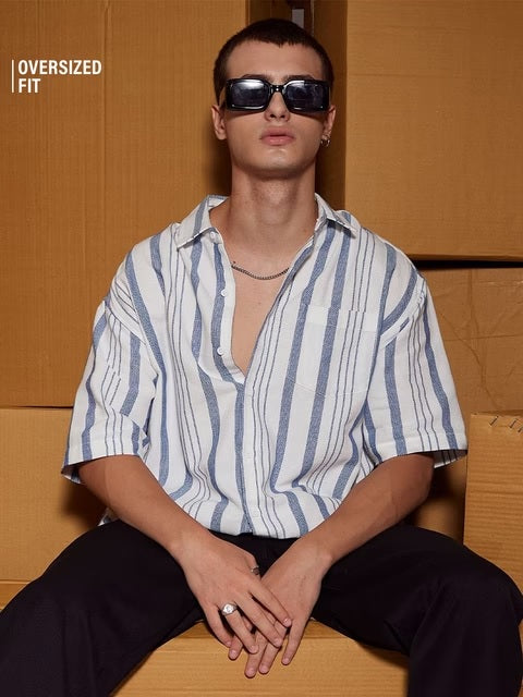 Solids White and Grey Stripes Oversized Shirts