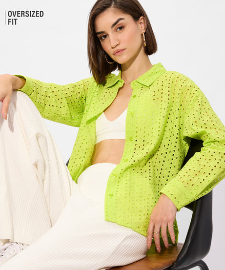 Cutwork Shirt  Lime Women Boyfriend Shirts