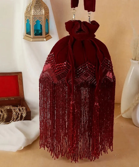 Designer maroon tassel Potli Bag