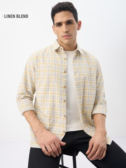 Checks Ochretone Cotton Linen Shirts