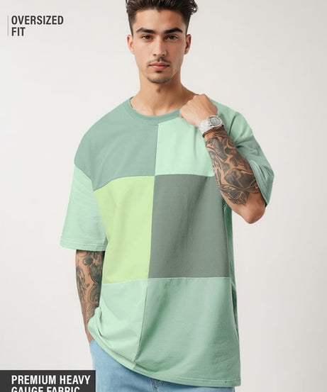 Green Colourblock Oversized T-Shirts