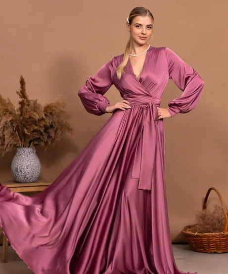 Bridesmaid Dress Long Dress V-Neck Maxi Flared Dress For Wedding Guest Long Sleeve Evening Gown Satin Cocktail Dress Elegant