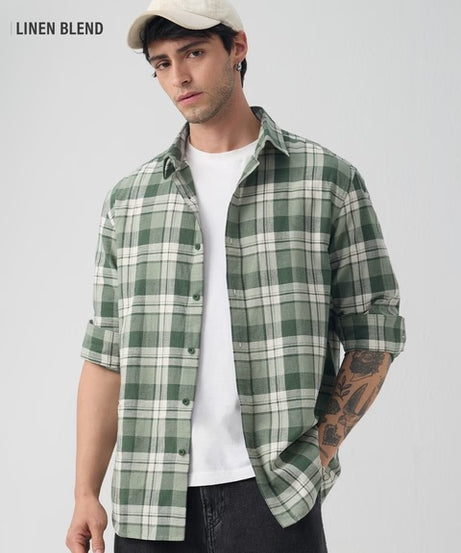 Cotton Linen Checks  Matcha Cotton Linen Shirts