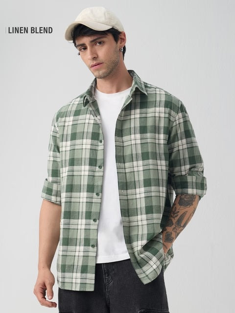 Cotton Linen Checks  Matcha Cotton Linen Shirts