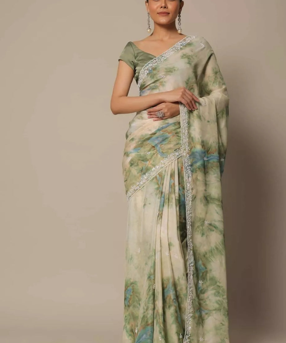 Georgette With Digital Print & Embroidery Work Sari & Blouse