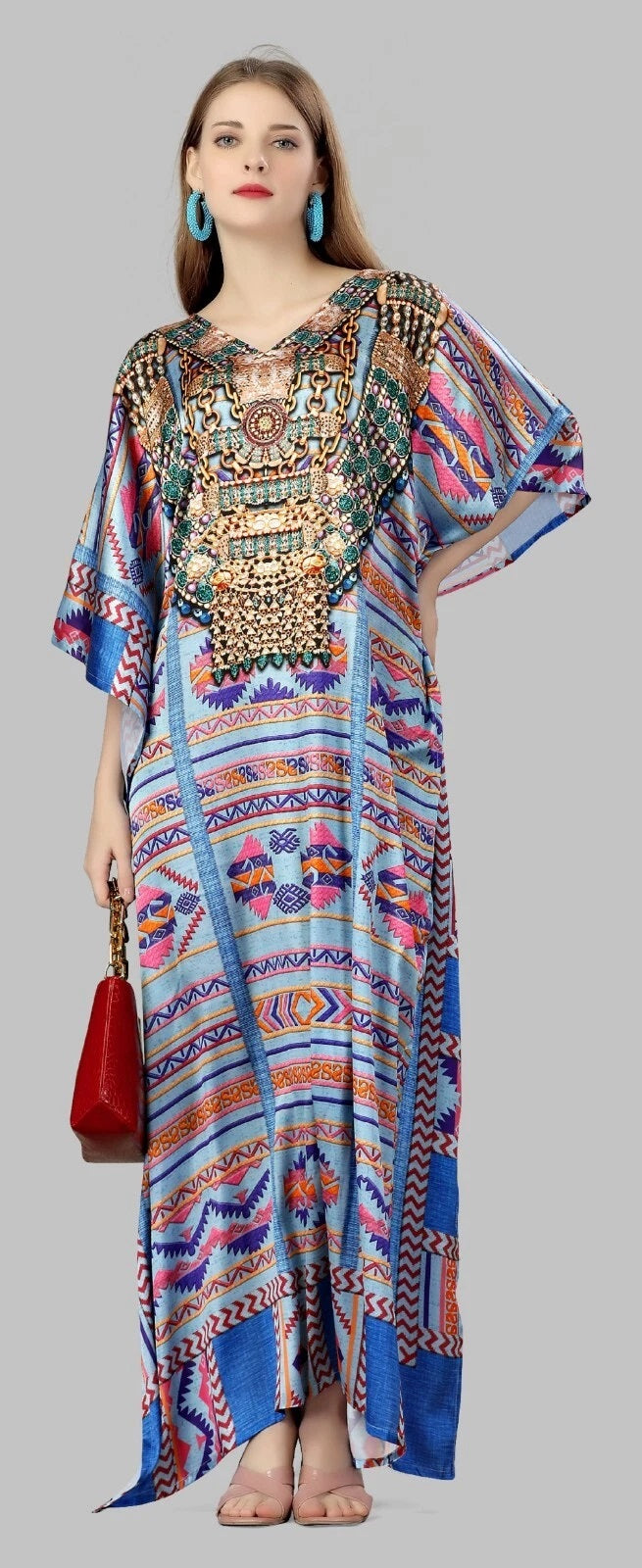 Smooth Satin V-Neck Half Sleeve Kaftan For Women,Birthday Party Wear for Ladies