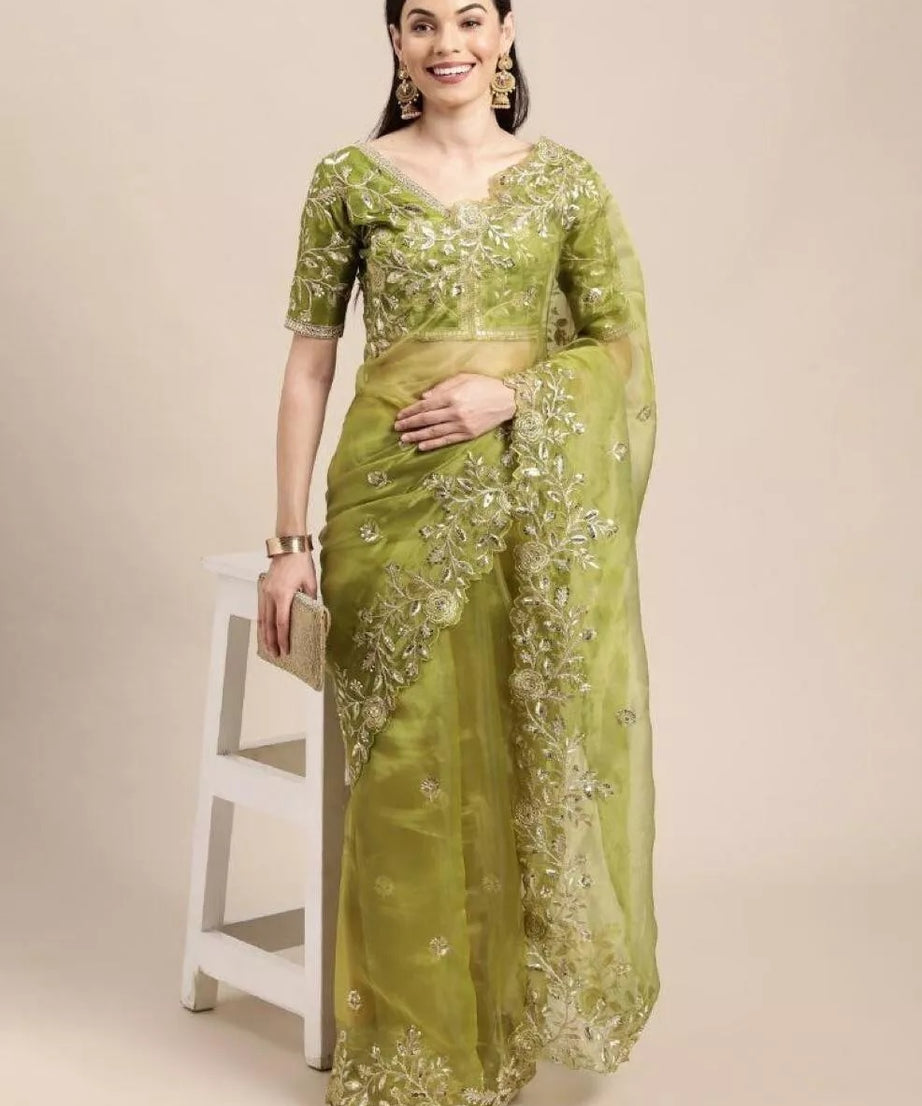 Light Green Soft Organza With All Over Embroidery Work  Sari & Blouse