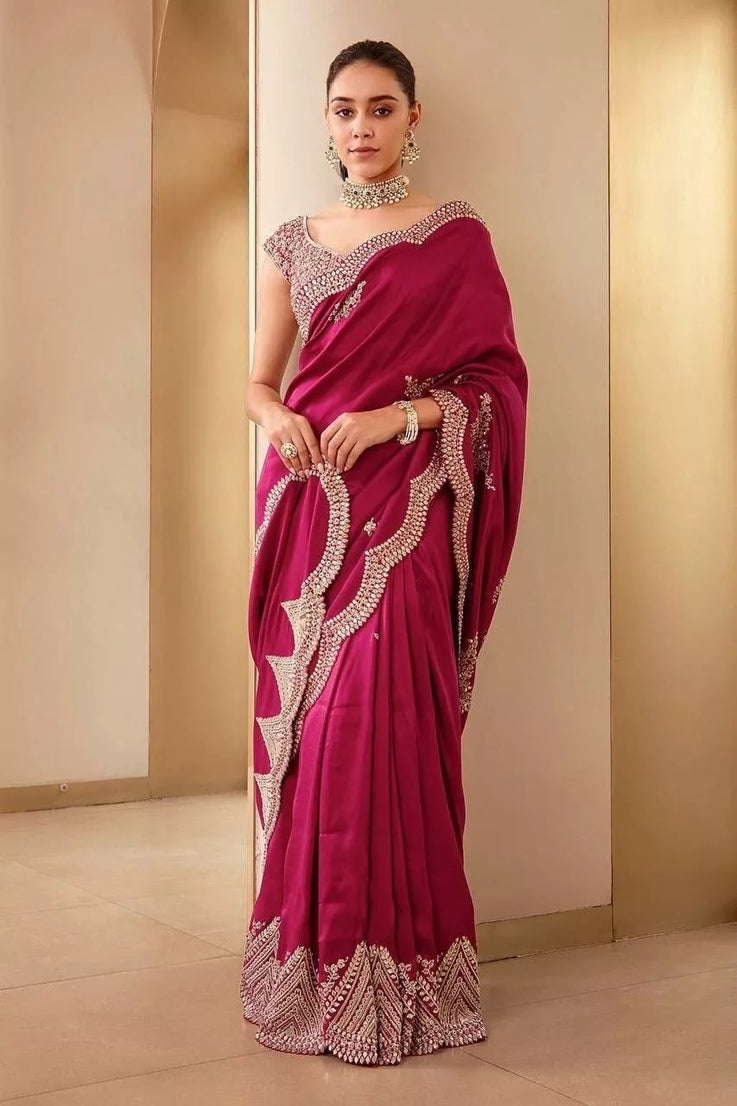 Soft Vichitra Silk With Fancy Thread Work & Sequence Work Saree With Blouse