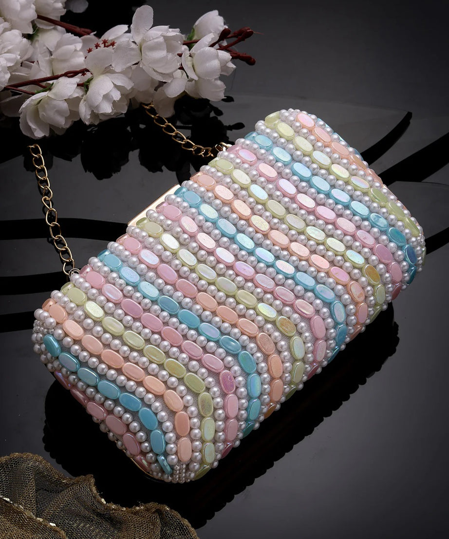 Adorn Wave Embellished Faux Silk Clutch