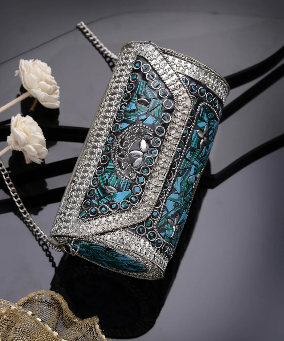 Mosaic Embellished Metal Clutch