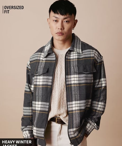 Plaid  Black and Grey Men Shackets