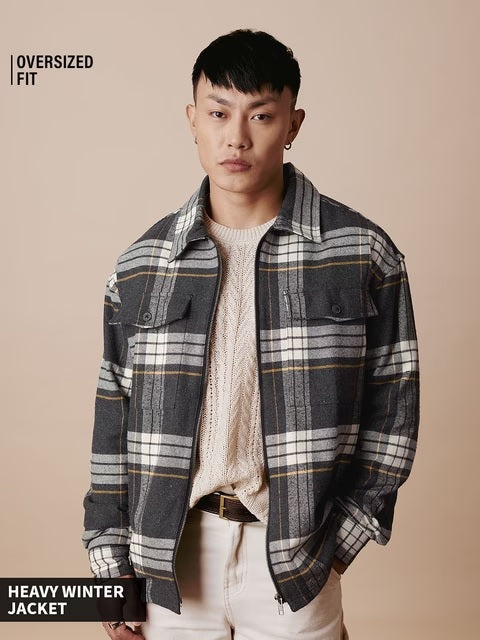 Plaid  Black and Grey Men Shackets