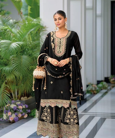 Real Chinon With Embroidery Designer Traditional Top Palazzo With Dupatta