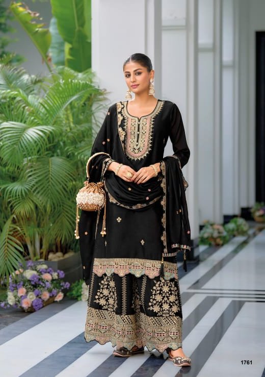 Real Chinon With Embroidery Designer Traditional Top Palazzo With Dupatta