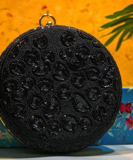 CLASSIC BLACK sequins and bead work round clutch