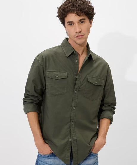Solids Olive Green Men Utility Shirts