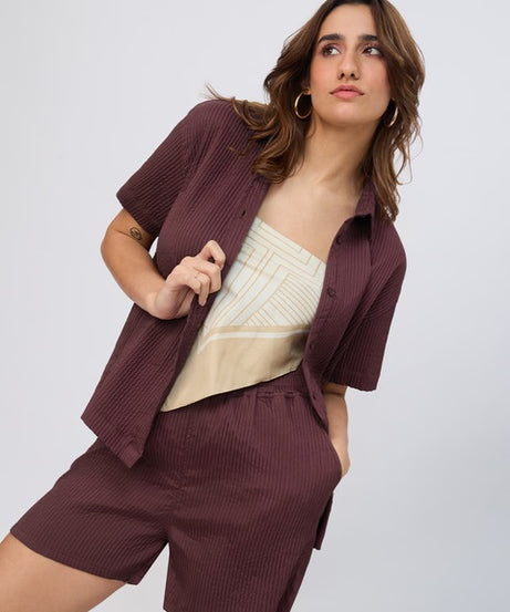 Textured Shirt Deep Ember Women Boyfriend Shirts