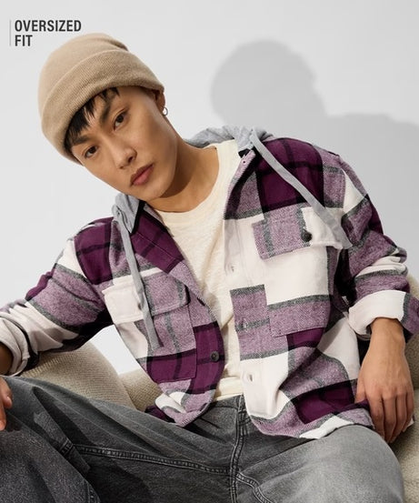 Plaid Hooded Shacket Mauve Mist Men Shackets