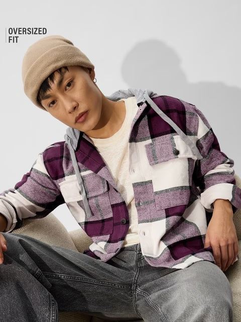 Plaid Hooded Shacket Mauve Mist Men Shackets